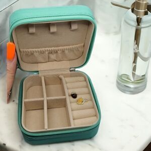 Mini Travel Jewelry Box Zippered Closure Portable Mint Green Square Faux Leather